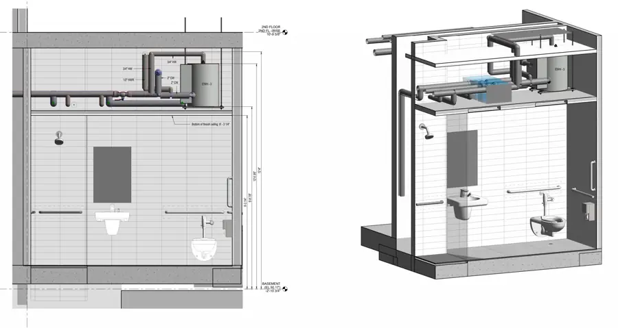 Plumbing section and 3D view of the EWH-3 water heater room at 1578 Lexington, with hot water, hot water return and cold water piping above the ceiling